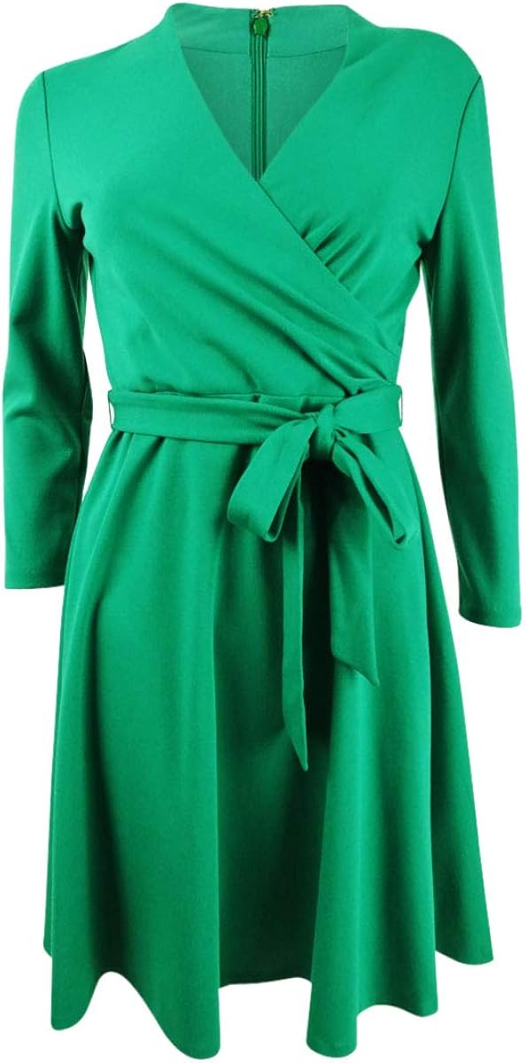 DKNY Womens Green Belted 3/4 Sleeve V Neck Above The Knee Wrap Dress Dress UK Size12 Amazon.co