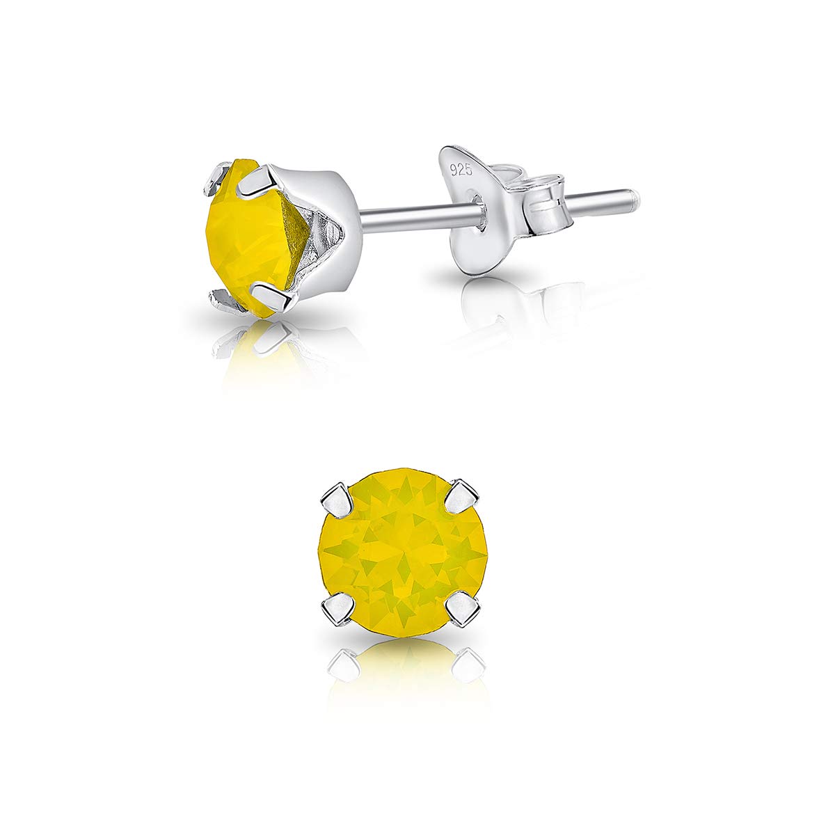 925 Sterling Silver Round SMALL Stud Earrings made with Glittering Crystals - Small Silver Studs Earrings for Woman - Diameter: 4 mm - Colour : Yellow Opal