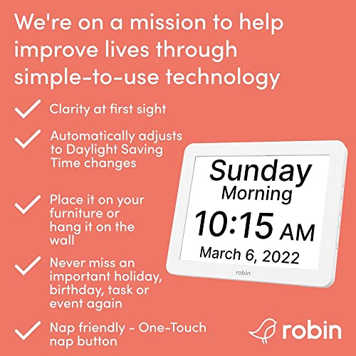 Robin Clock with Day and Date for Elderly, Clocks for Seniors, Dementia