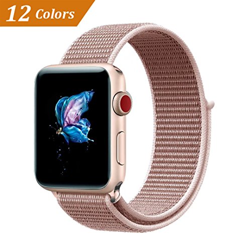 QIENGO Qifit New Nylon Sport Loop with Hook and Loop Fastener Adjustable Closure Wrist Strap Replacment Band for iwatch Apple Watch Series 1 /2 / 3,38mm,Rose Pink