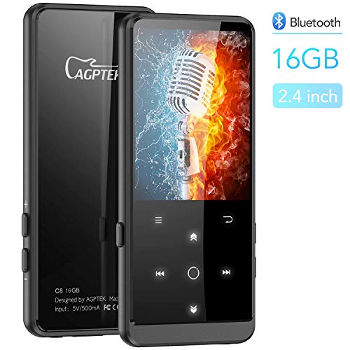 MP3 Player with Bluetooth, 2.4 Inch Large Screen, AGPTEK 16GB Portable Metal Music Player with FM Radio, Support Bookmark, AirPods Connection, FM Recording, Expandable up to 128GB Antenna Included