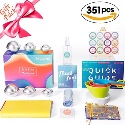 DIY Bath Bomb Mold Set with 3 Size Metal Molds, Measuring Cups, Spray Bottle, Wrap Papers &amp; Bags, Rubber Bands, Stickers, and Gift Bags for Crafting Your Own Fizzies.