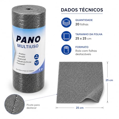 Pano de Microfibra em Rolo 20 Folhas 25x25cm | Reutilizável, Alta Absorção e Secagem Rápida | Multiuso para Cozinha, Vidros, Limpeza Doméstica e Automotiva
