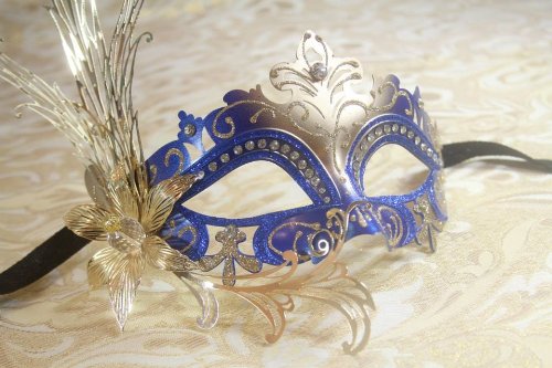 Mysterious Blue and Gold Laser Cut Venetian Swan w/ Side Flower Design Masquerade Mask for Mardi Gras Or Halloween by RoyalVenetian