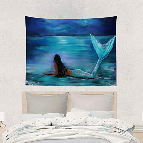 Mermaid Moon and Stars Painting Tapestry Wall Hanging Decoration, Wall Art Window Curtain Bedspread Bed Sheet Picnic Mat Rug Bedding Decor for Bedroom Living Room Dorm 40x60 Inches
