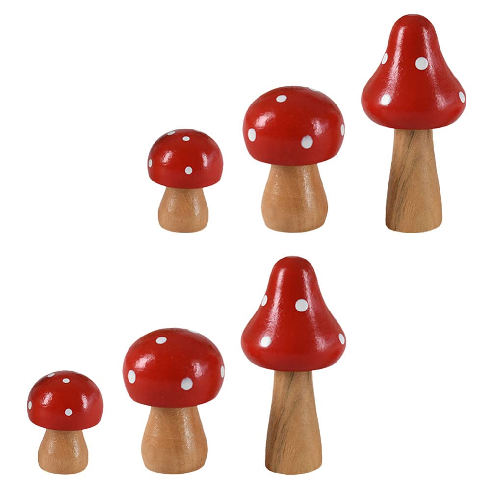 TOYANDONA 6pcs Wooden Mushroom Miniature Figurines Wood Mushroom Micro Landscape Garden Decorations Plant Flower Pots Ornament Fairy Garden Accessories Red