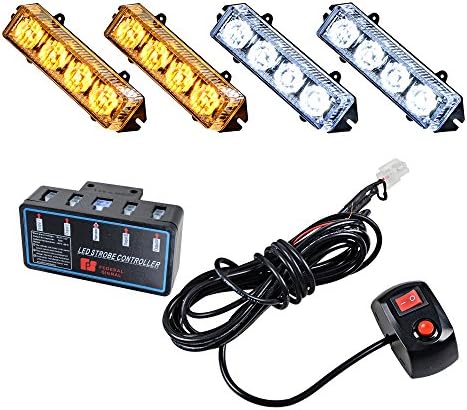 4X 4-LED 4" White & Amber Warning Hazard Emergency Flashing Strobe Light Bar Kit Waterproof