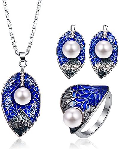 LUYUAN JEWELRY Fashion Women Jewelry Set Pearl Kiss Leaf Blue Enamel Leaf Single Pearl Pendant Necklace Stud Earrings - Ring#8