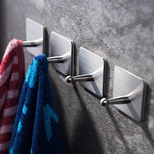 Taozun 3M Towel Hooks Self Adhesive Hook Bath Coat Robe Hooks Bathroom Kitchen Hooks Hand Dish Key Stick on Wall SUS 304 Stainless Steel, 4 Pack