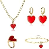 ONLYJUMP 5 Pairs Red Love Heart Earrings Necklace Bracelet and Ring Jewelry Set for Women Cute Crystal Heart Brooches red Enamel Trendy Simple Jewelry