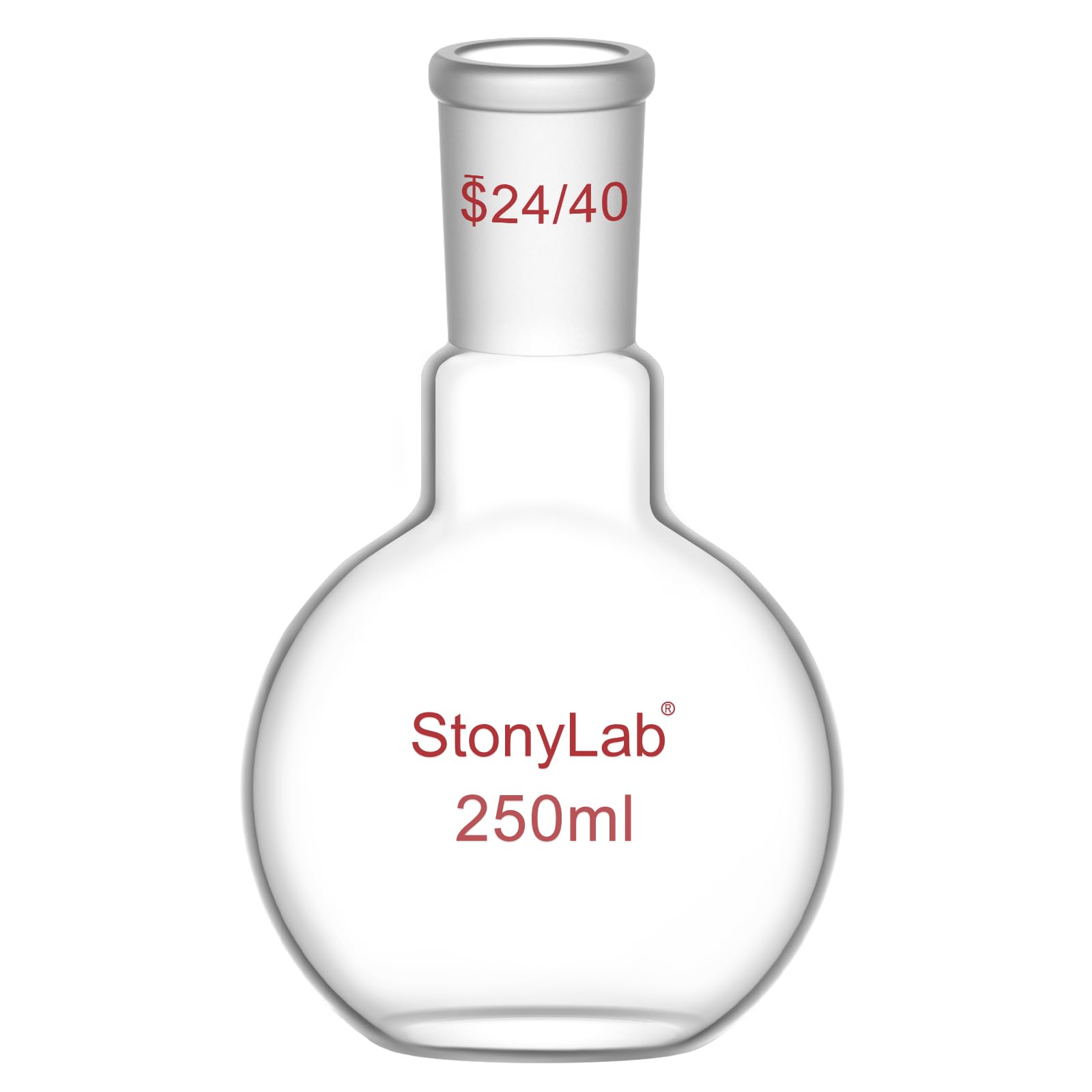 StonyLab Borosilicate Glass Heavy Wall Single Neck Flat Bottom Boiling Flask, with 24/40 Standard Taper Outer Joint, 250ml