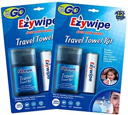 Ezywipe - Travel Kit Compressed Cleansing Towel - SMALL - Tube Qty 12 Towels w/water sprayer (Pack of 2) (Hypo-allergenic, Portable Cooling Disposable Reusable Biodegradable outdoor, refresh, wipe)
