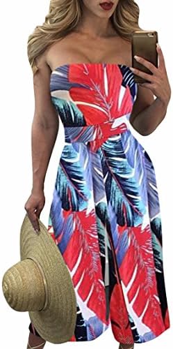 Rokiney Floral Print Tube Top High Waist Wide Leg Palazzo Capri Jumpsuits Red S