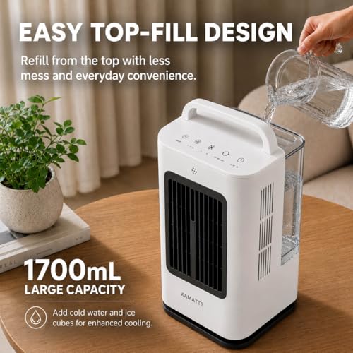 XAMATTS Portable Air Conditioners, 1700ml Evaporative Air Cooler with Remote, 120° Oscillating Mini Air Conditioner Portable with 3 Speeds & 1-7H Timer, Portable AC Unit for Bedroom Room Office Desk