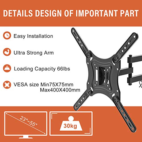 PUTORSEN® Support Mural TV avec Bras Articulé Orientable Inclinable pour la Plupart des Téléviseurs à Écran Plat de 23 à 55 Pouces jusqu\'à VESA 400x400 mm et 30 kg