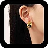 Vacaonio Minimalist Polished Irregular Gold Hoop Earrings Wide Hammered Metal Hoop Earrings Chunky Thick Huggie Hoop Earrings Round Hlaf Hoop Earrings Jewelry for Women