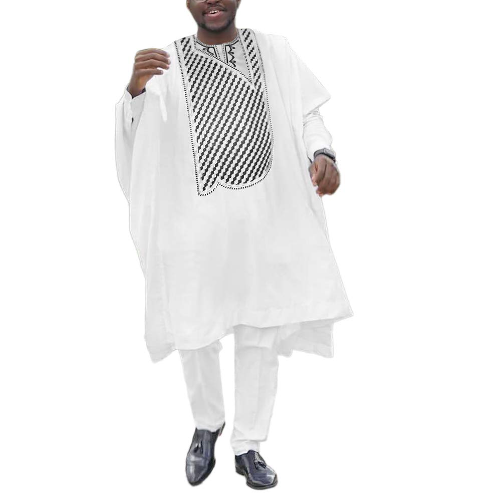 African Man Clothing Agbada Outfit 3 Pieces White Kaftan Attire for Man Long Sleeves
