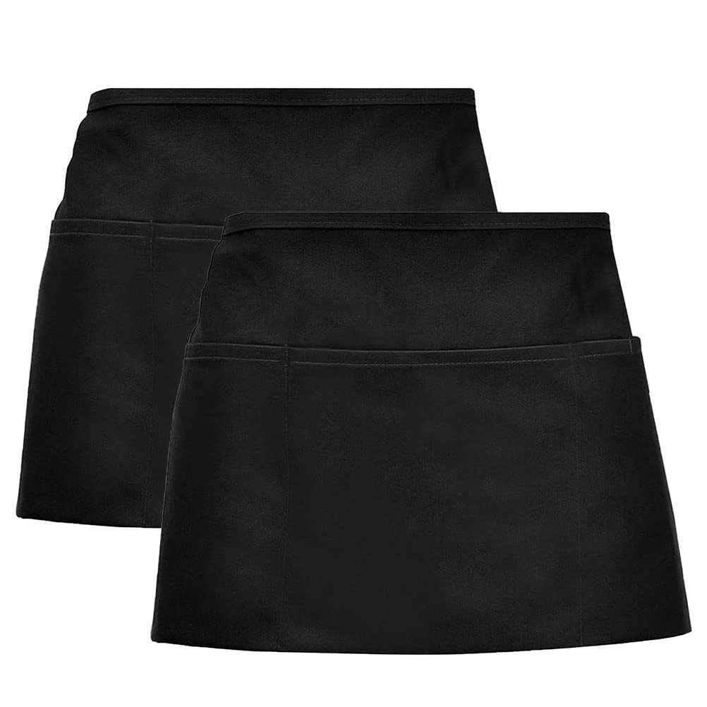 nuoshen 2Pack Anti-dirt Waist Apron, Short Black Apron with Pockets for Home Kitchen Restaurant Work, Waitress, Chef, Waiter, Cooking, Baking, 33 * 50cm