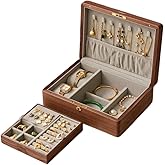 Bescott 2 Layer Solid Black Walnut Wooden Jewelry Box with Lock and Key for Women Wood Vintage Organizer for Men Earrings Rings Necklaces Bracelet Watch Storage Mother's Day Gift