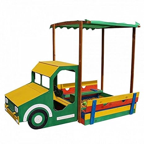 FunnyClouds Holz Sandkasten „Sandtruck“ LKW mit Dach, Sitzbänken & Deckel Sandbox Sandkiste