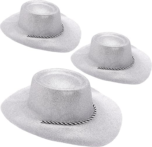 Toyland® Pack of 3-34cm (13") Silver Glitter Cowboy Hats - Festivals, Concerts, Fancy Dress & Hen Do Accessories