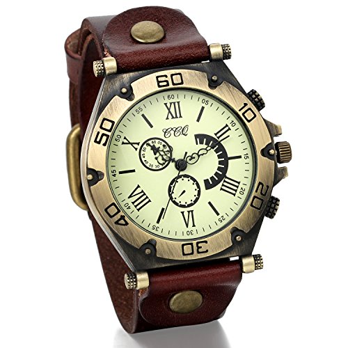 JewelryWe New Vintage Wide Leather Bracelet Quartz Wrist Watch Men Boys Birthday Gift Brown JewelryWe New Vintage Wide Leather Bracelet Quartz Wrist Watch Men Boys Birthday Gift Brown