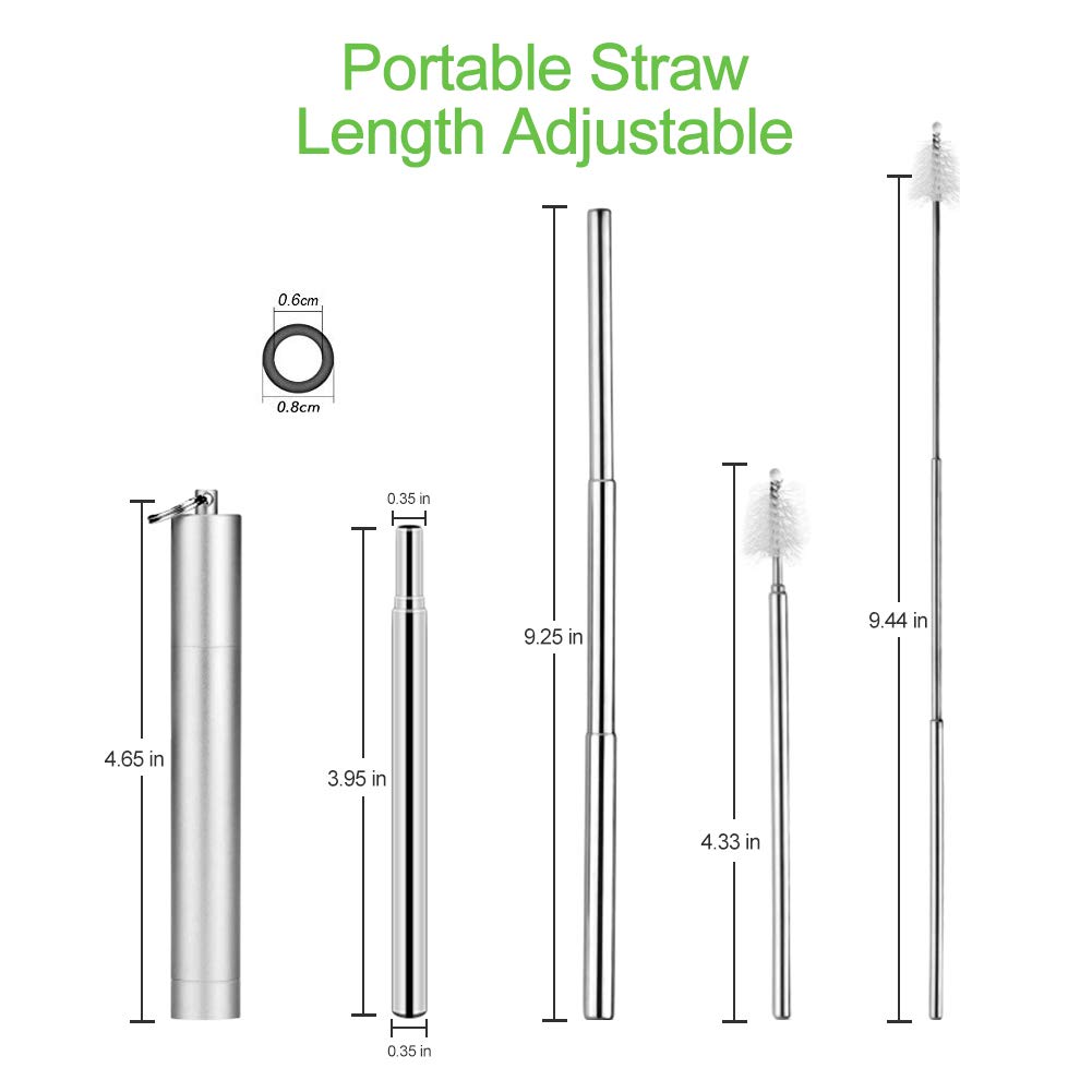 2 Pack Collapsible Reusable Straw, Foldable Stainless Steel Metal Straw with Case & Cleaning Brush, Portable Drinking Straw Set for Travel, Dishwasher Safe