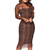 MOEENCN Sexy Long Sleeve Midi Dress for Women Sheer Mesh Printed 2 Piece Skirt Set Crew Neck Bodycon Party Clubwear Dresses
