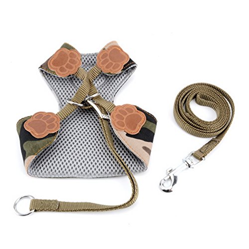 SMALLLEE_LUCKY_STORE Green Camo Camouflage Small Dog Cat Harness Leash Set Soft Mesh Padded,Adjustable Comfort Control Walking Harnesses,Size M