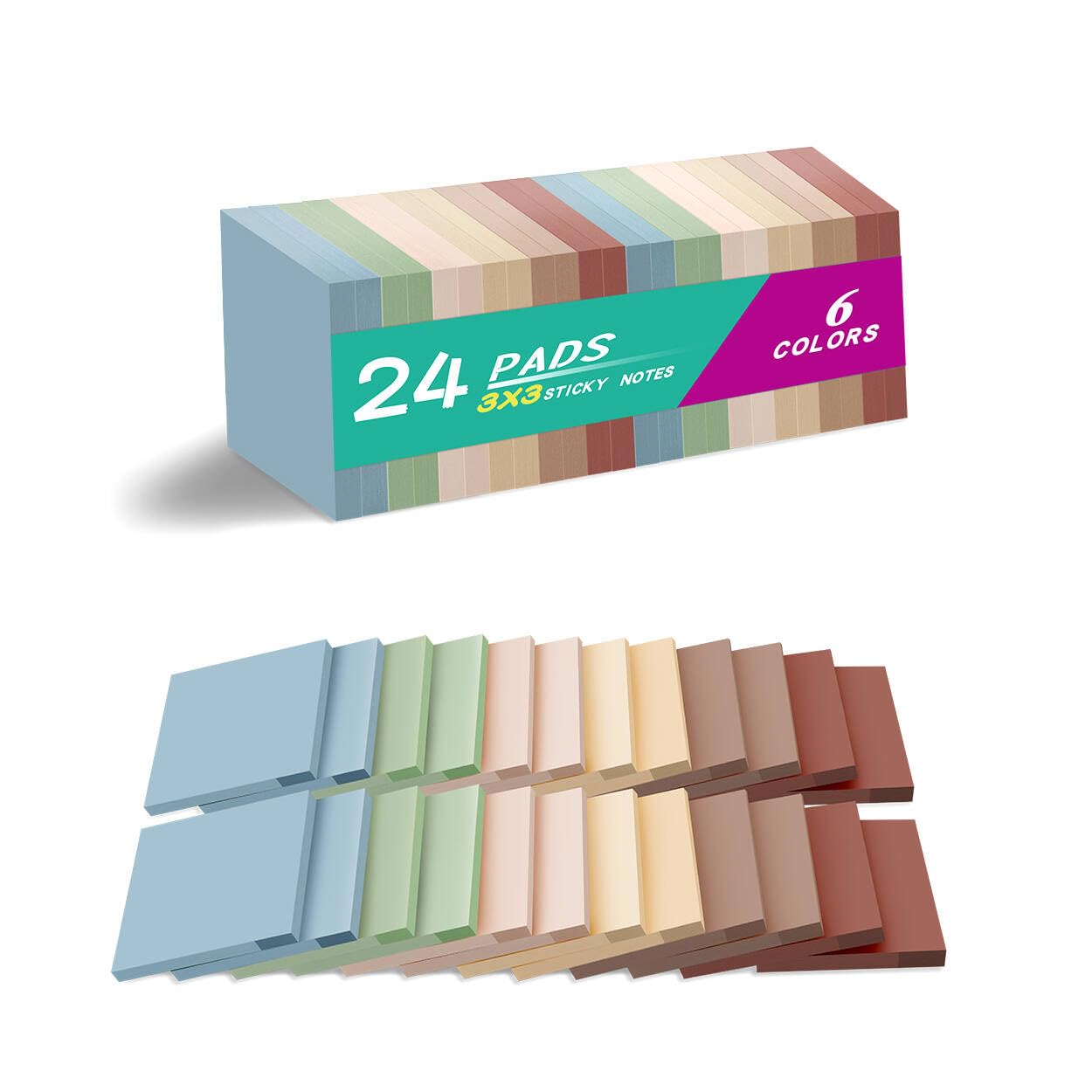 Photo 1 of (24 Pads) Sticky Notes 3x3 inch, Self-Stick Pads Vintage Colors Sticky Note, Recyclable, Easy to Post for Home, Office, Notebook