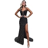 PLKF Long Sequin Prom Dresses with Slit Sweetheart 2026 Mermaid Corset Formal Evening Gowns with Lace Applique