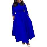 Baczoe Plus Size Dress for Curvy Women Stretch Self Tie A-Line Maxi Dress with Pockets Swing Long Outfit