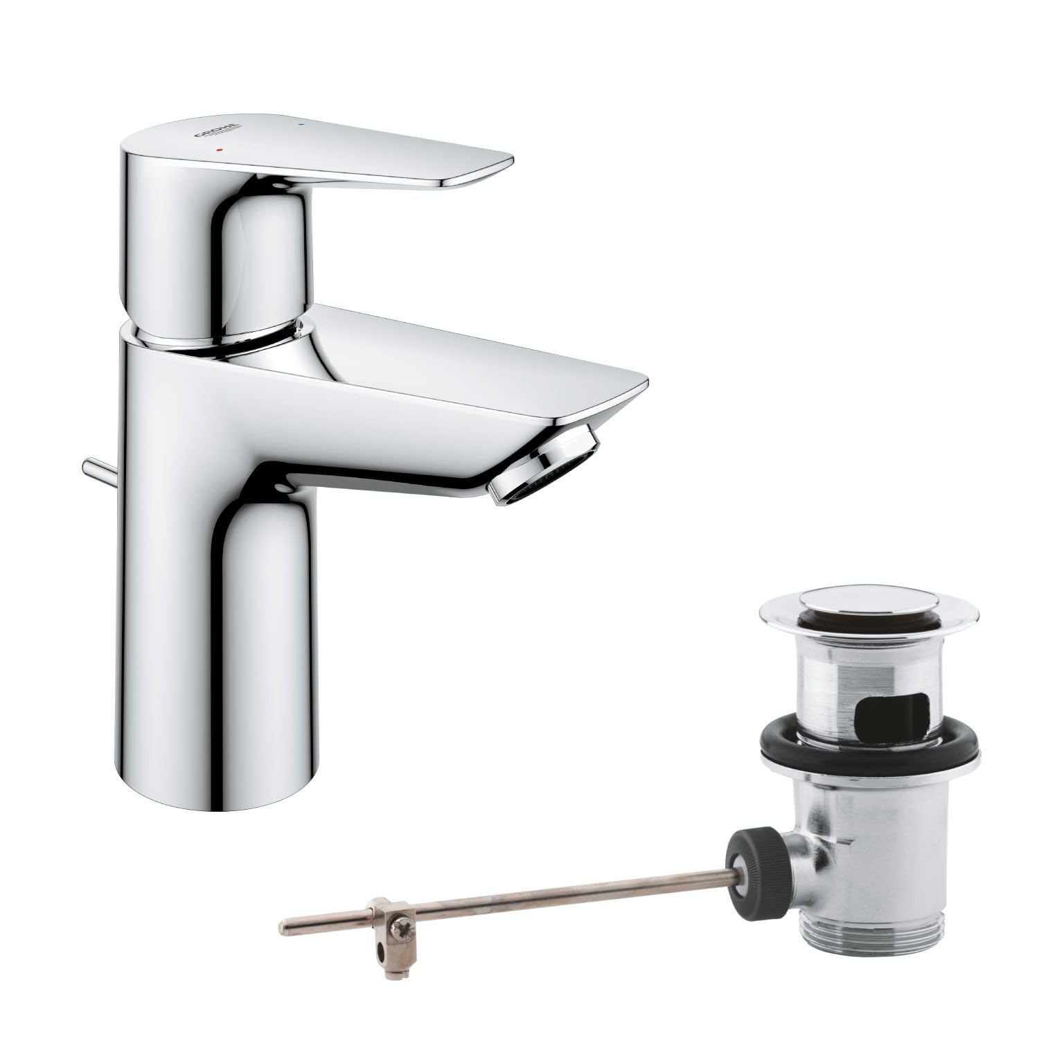 GROHE Start Edge – Basin Mixer Tap with Pop-Up Waste Set (Metal Lever, 28 mm Ceramic Cartridge, Water Saving Mousseur 5.7 l/min, Tails 3/8 Inch), Size 147 mm, QuickTool Included, Chrome, 24196001
