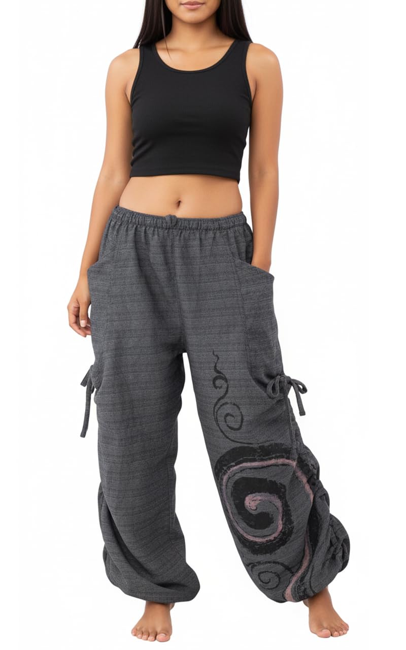 Photo 1 of Thaluta Women's Harem Cotton Pants Loose Fit Yoga Spiral Print Pants with Pockets (Ash Black)