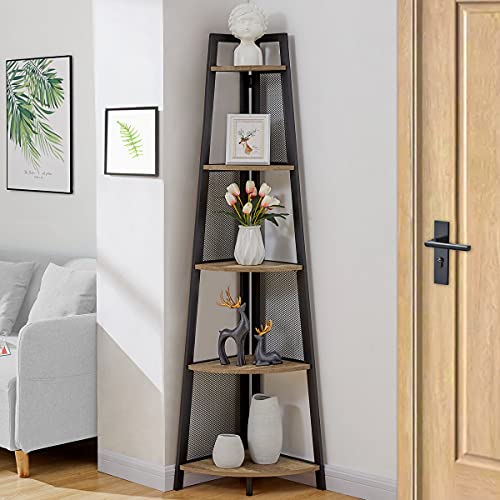FATORRI Tall Corner Shelf Stand, Industrial 5 Tier Corner Bookshelf