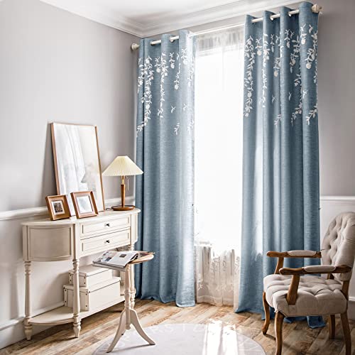 Melodieux Flower Embroidery Linen Blackout Blue Curtains for Living Room Bedroom Grommet Window Drape, White Flower, 52 by 84 Inch (1 Panel)