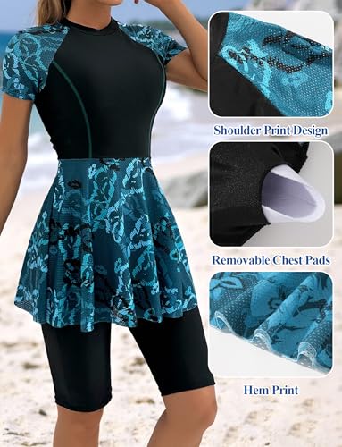 SEAUR Women 2Pcs Rash Guard Conservative Bathing Suits Printed Short Sleeve Swimsuits and Quick-Dry Shorts