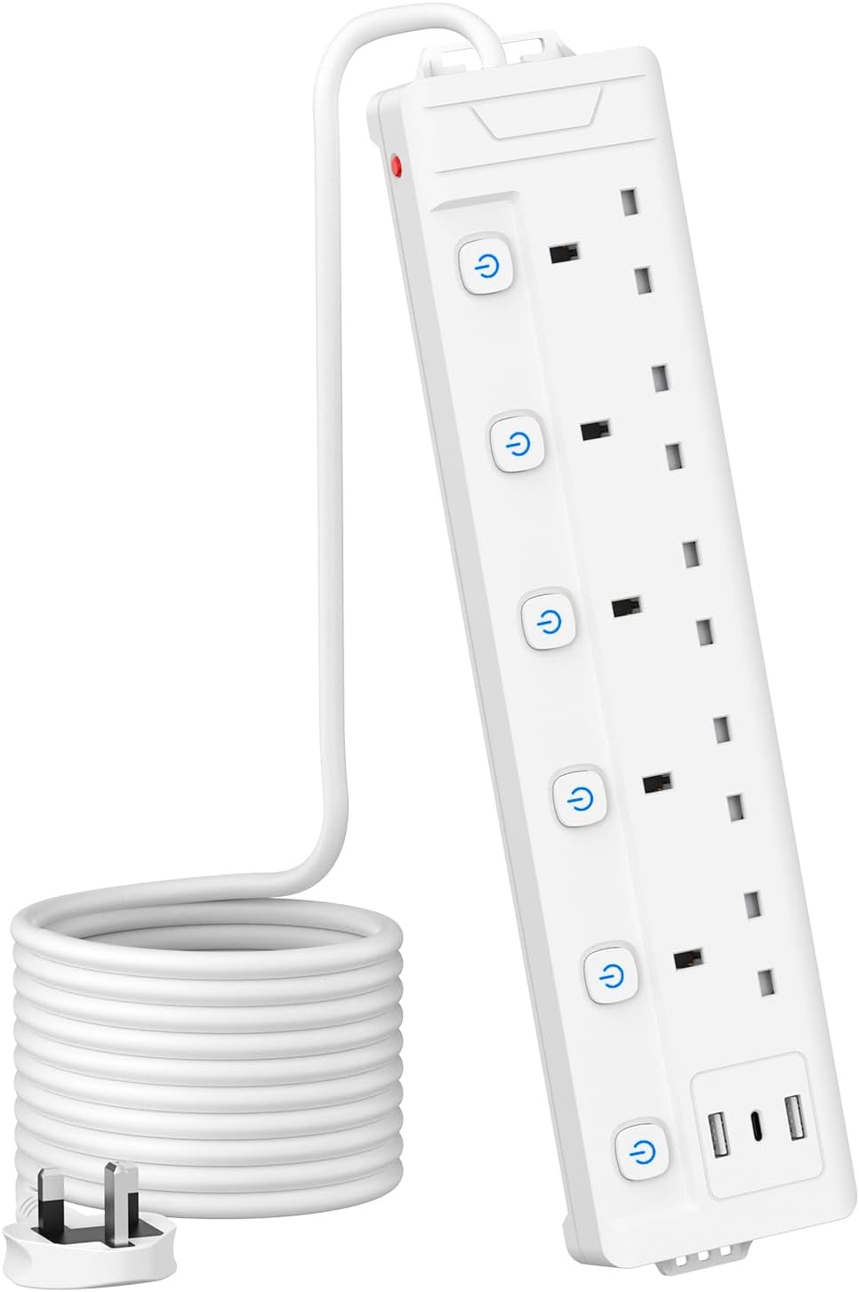 Mscien 5 Way Extension Lead 3M Cord 3 USB Individually Switched Wall Mount White