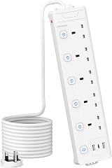 Mscien 5 Way Extension Lead 3M Cord 3 USB Individually Switched Wall Mount White