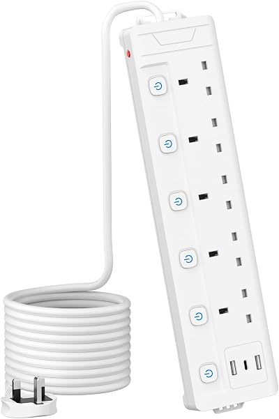 Mscien 5 Way Extension Lead 3M Cord 3 USB Individually Switched Wall Mount White