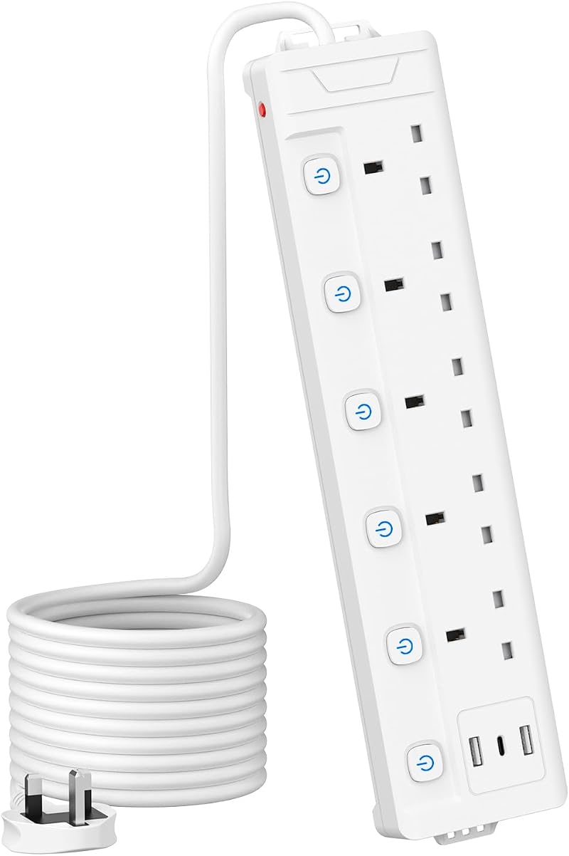 Mscien 5 Way Extension Lead 3M Cord 3 USB Individually Switched Wall Mount White