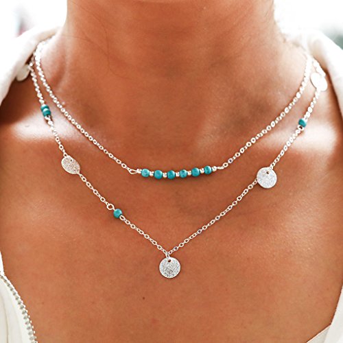 Tgirls Boho Silver Handmade Layered Pendant Necklaces Sequin with Turquoise Women for Girls XL-21