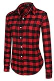 Finejo Women Fashion Casual Turn Down Collar Grid Button Slim Shirt Blouse