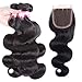 8A (18 20 22 with16 closure Natural Color) brazilian body wave with closure Brazilian Virgin Body Wave Hair 3 Bundles with Three Part Closure 100% Unprocessed Human HaIr Bundles Very Soft