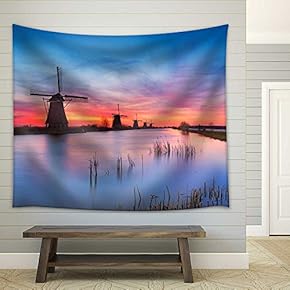 Traditional Dutch Windmills with a Colourful Sky Just Before Sunrise. Photographed at The Famous Kinderdijk - Fabric Wall Tapestry Home Decor - 51x60 inches