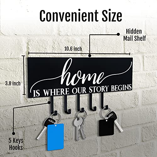 Black Key Holder For Wall With Hidden Mail Organizer - Decorative and Unique 5 Key Rack Hooks