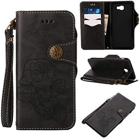 Galaxy J7 Prime Protective Case, UNEXTATI Vintage Rose Pattern Stand PU Leather Flip Cover, Wallet Case Cover with Hand Strap for Samsung Galaxy J7 Prime (Black)