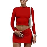 LAGSHIAN Women Sexy 2 Piece Outfits Long Sleeve Crop Top Bodycon Mini Skirt Club Suits Dress