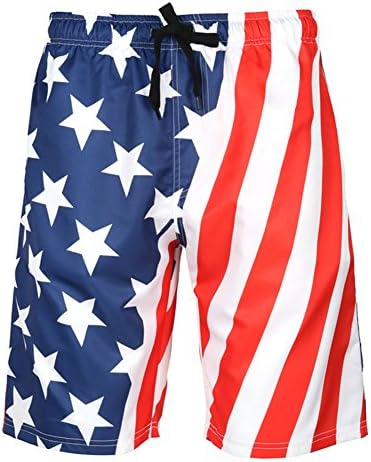 Kalanman Men's Summer Hawaiian Style Printed Beach Board Shorts with Pockets (28, American Flag)