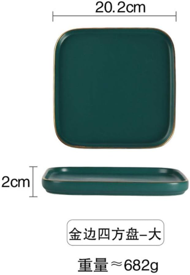 Plate Tableware Gift Matte Green Gold Stroke Ceramic Plate Rectangular Fish Dish Home Western Retro Royal Style Porcelain Steak Cake Dessert Plate,Have Gold Rim